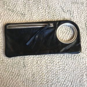 Azra smooth black leather clutch with silver trim